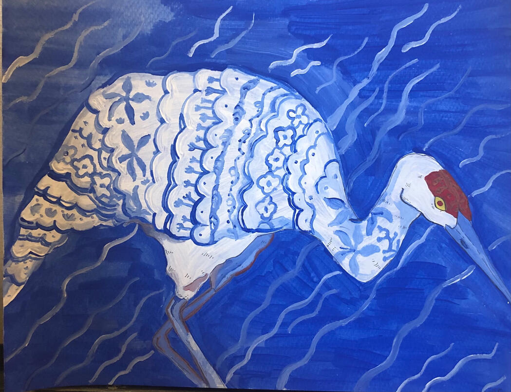 Acrylic painting of a sandhill crane that was displayed in LeMoyne Art's 2024 Gallery, "Soulful Feelin': A Folk Art Celebration"