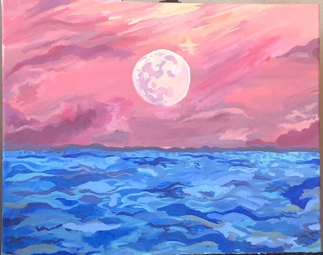 Painting of the moon over the ocean.
